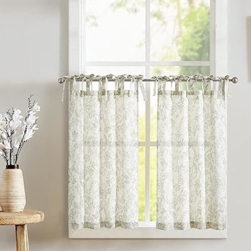 jinchan Green Floral Kitchen Tier Curtains Botanic 36 Inch Tie Top 2 Panles