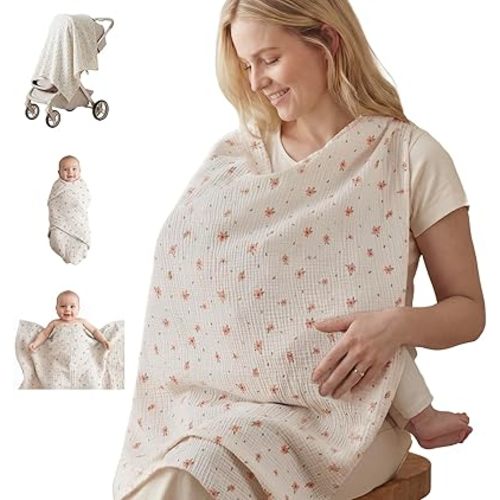 Blissful Diary Muslin Multi-Use Cloth - 4-in-1 Privacy Nursing Cover, Swaddle Blanket, Car Seat Cover, Burp Cloth, Portable Breastfeeding Essentials for Women, Baby Must Have (Pink Floral)