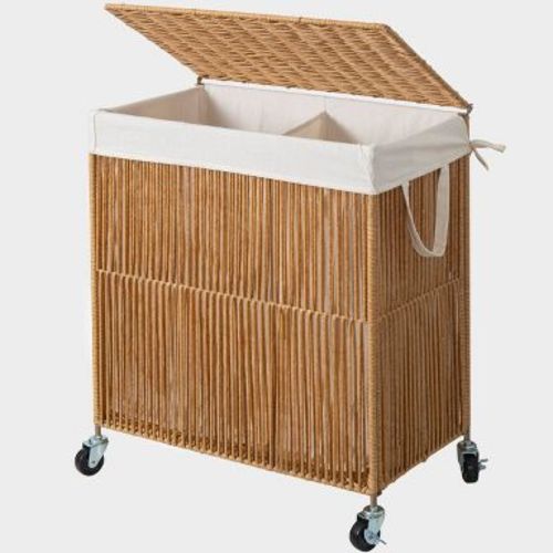 WOWLIVE Rolling Laundry Hamper with Wheels and Lid, 2-Compartment Rattan Basket with Removable Liner Natural