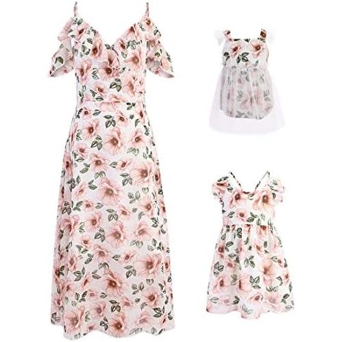 PopReal Mommy and Me Dresses Floral Print Cold Shoulder Ruffle Backless Strap Romper Beach Midi Dress Summer