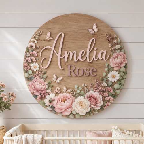 Personalized Baby Girl Nursery Door Sign, Custom Name Wooden Round Sign, Garden Rose Floral Wall Decor, Baby Shower Gift, Newborn Room Art