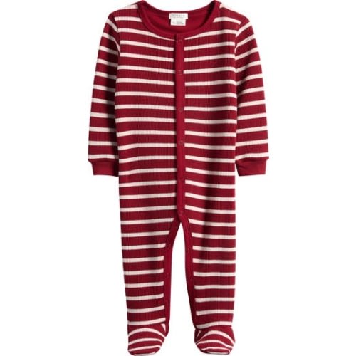 Scarlet Red Stripe Thermal Fitted Footie Pajamas, Newborn