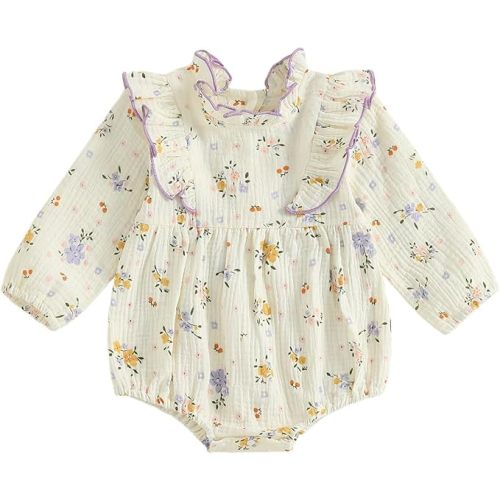 Baby Girl Long Sleeve Romper Fall Newborn Outfit Linen Romper Ruffle Jumpsuit Floral Bodysuit Infant Winter Clothes