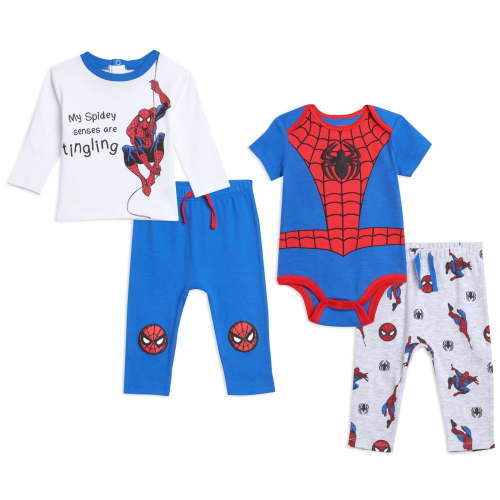 Marvel Avengers Spider-Man Newborn Baby Boys Bodysuit Pullover T-Shirt and Pants 4 Piece Layette Set Newborn to Infant
