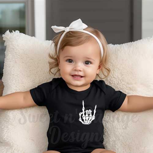 Rock on Onesie® | Skeleton Hand Onesies® | Emo Goth Punk Retro Baby Shower Gift | Black Infant Bodysuits | Alt Mom Baby Gifts