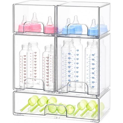 Baby Bottle Organizer, 5 Pack Clear Acrylic Stackable Storage Drawers, Baby Bottle Storage Organizer for Countertop, Nursery, Vanity & Cabinet
