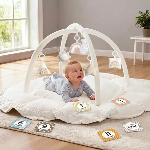5-in-1 Thick & Plush Baby Play Gym, Baby Play Mats for Floor, Tummy Time Mat with 6 Toys, Convertible Stage-Based Developmental from Babies to Toddlers, Ball Pit, White