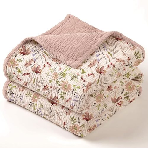 lulumoon Muslin Baby Blanket for Girl: Floral Cotton Toddler Blanket - Soft Lightweight for Nursery & Daycare 47"× 47"(Pink Flower)