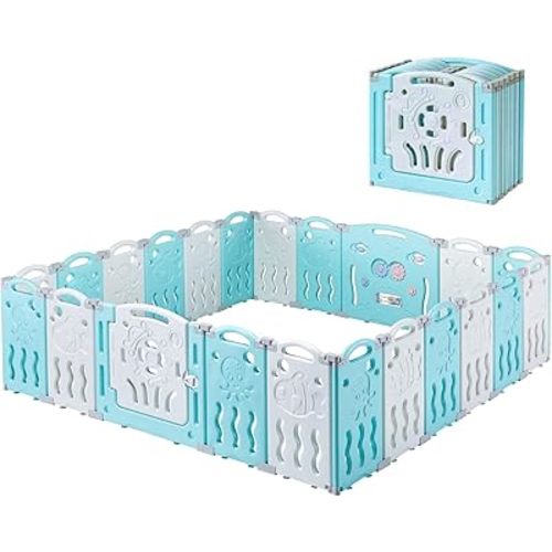 Albott 22 Panels Kids Safety Play Center Yard Baby Playpen Kids Activity Centre Indoor or Outdoor, Portable Play Yard with Gate for Babies, Infant, Toddlers Blue (20 Panels+1 Gate+ 1 Game Board)