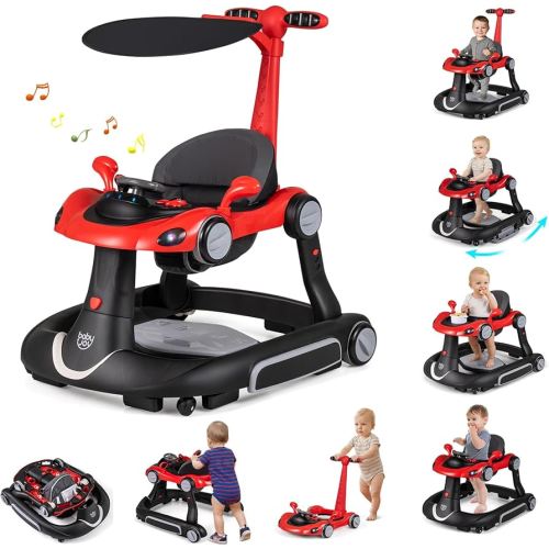 BABY JOY 7-in-1 Baby Walker, Foldable Baby Walker and Bouncer Combo with Handle, Adjustable Height & Speed, Music, Lights, Rocker/Push Mode, Baby Walker with Wheels for Boys Girls 7-18 Months (Red)