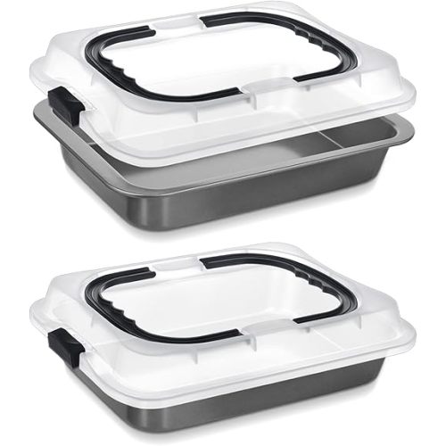2 Pcs Cake Baking Pan with Lid and Handle, 9 x 13 Inch Non-stick Rectangle Sheet Cake Pan Carrier for Brownie Roasting Cooking Baking (Black Gray)