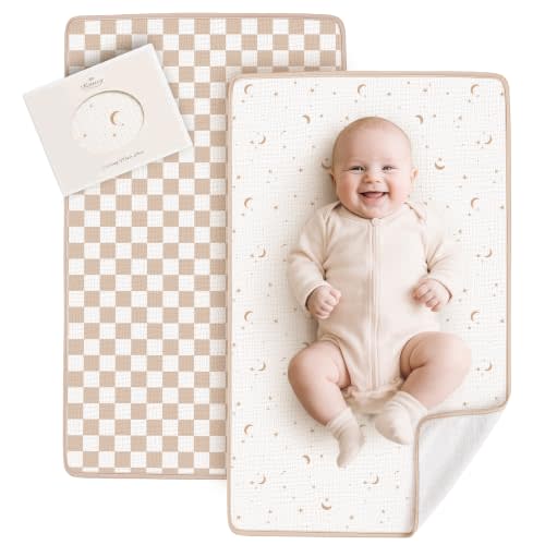 Konssy 2 Pack Waterproof Muslin Portable Changing Pad, Diaper Changing Mat | Soft & Foldable, Cotton Surface with Terry Backing & Waterproof Lining, for Newborn Girls & Boys, 30"x17" (Coffee Check,Moon)