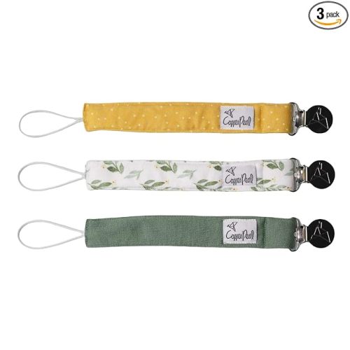 Copper Pearl Pacifier Holder 3-Pack: Premium Knit Binky Clips for Babies - Stylish Stainless Steel Design, Prevents Floor Drops - Fern