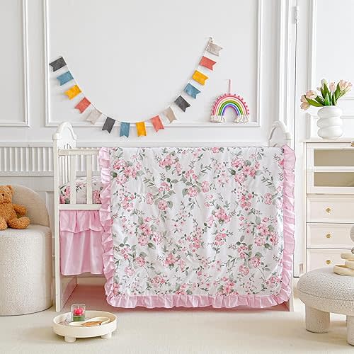 3 Pieces Pink Rose Flowers Crib Bedding Set Baby Ruffled Quilted Comforter with Fitted Sheet and Bed Skirt - Cute Ruffled Shabby Chic Baby Girls Bedding Soft Blanket Floral Design