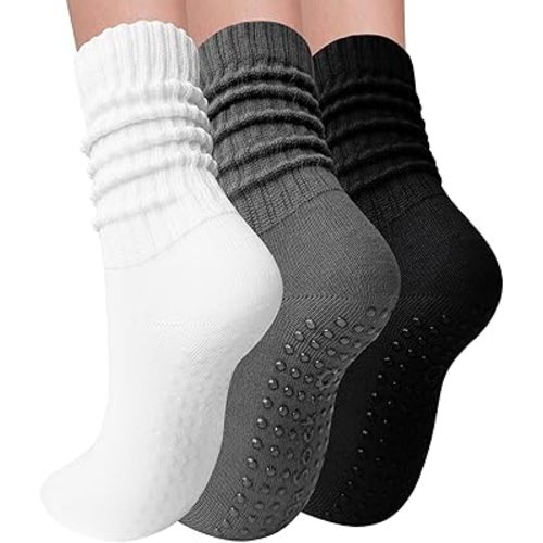 3 Pairs Pilates Socks with Grips for Women Yoga Slouch Grippy Socks for Barre Workout Hospital