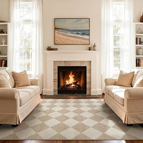 Beeiva Checkered Print Living Room Rugs 8x10, Moroccan Beige Washable Area Rug 8X 10 Non Slip Soft Bedroom Carpet, Geometric Plaid Aesthetic Decor Ultra Thin Large Carpet for Dining Room Office