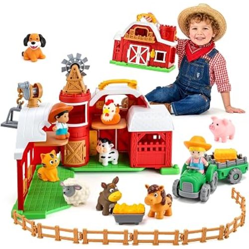 SOCBTNSO 30 PCS Big Red Farm Barn Playset, Interactive Play Farm Animal Toys , Realistic Animal Figures and Tractor for Kids 3-5, Educational & Pretend Play Baby Gift for Toddlers 18 Month 2 Year Old