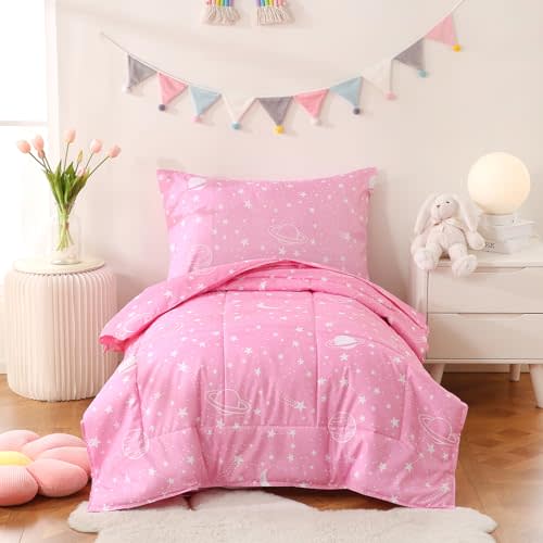JSD Pink Moon Stars Toddler Bedding Set, 4 Piece Space Theme Bed-in-Bag Toddler Comforter Sheet Set, Machine Washable