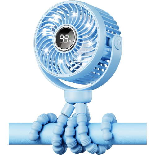 Mini Portable Stroller Fan for Travel,360° Rotation,4-Speed LED Night Light Clip on Fans Operated by Rechargeable Battery, Cordless Fan with Tripod Car Seat Baby Pram (Blue)