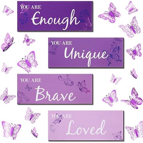 Blulu 4 Pcs Butterfly Inspirational Quotes Wooden Wall Decor and 3D Butterfly Wall Decor Girls Room Inspirational Gift for Teen Girls Women Room Nursery Bedroom Bathroom(Purple)