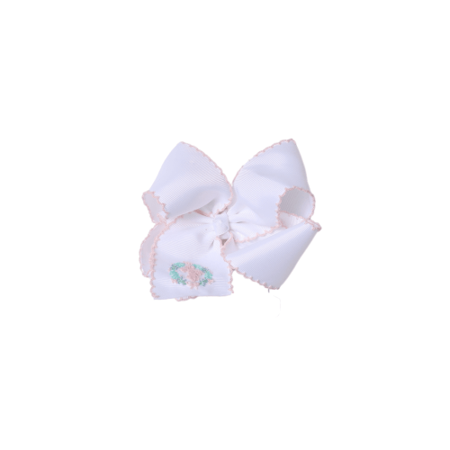 Scalloped Edge Grosgrain Bow with Crochet Cross Pink/White