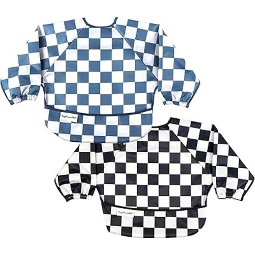 Tiny Twinkle Long Sleeve Bib for Babies&Toddlers|2-Pack Waterproof Smock Bib for Eating|Machine Washable&Mess-Proof Feeding Essentials|Newborn Shower Gift(Black,Blue Ccheckers,6-24M)
