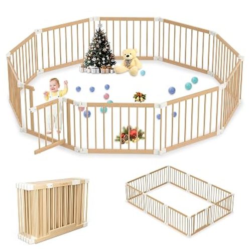 Wooden Baby Playpen Foldable Play Pen for Infants & Toddlers Portable Wood Baby Gate with Lock | 8-12 Panels Expandable & Adjustable Play Yard for Kids | 23.9 * 35.5IN (8 Panels)