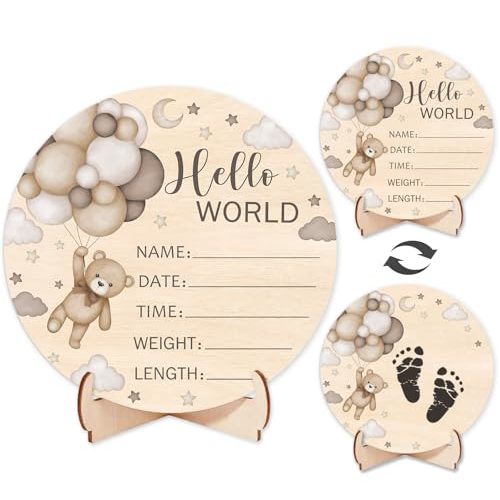 Andrain Double-Sided Wooden Newborn Birth Sign, Brown Bear Baby Announcement Sign, Bear Hello World Name for Hospital, Gift for New Mom Baby Shower, Photography Prop