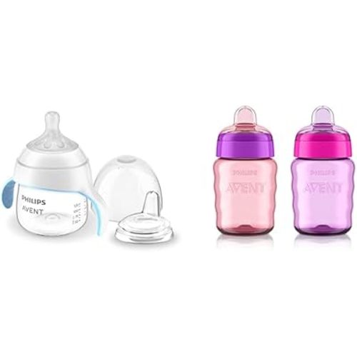 Philips Avent Sippy Cup Bundle with Natural Trainer Cup with Natural Response Nipple, 5 Ounce, 1 Pack + My Easy Sippy Cup, 9 Ounce, 2 Pack, Pink/Purple