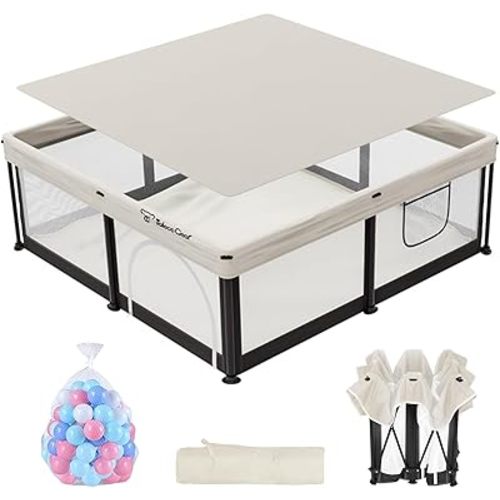 Baby Playpen, Portable Indoor Outdoor Play Area with Balls, Beige, 50x50x27 Inch, Quick Fold Design, Mesh Safety Panels, for 0-36 Months