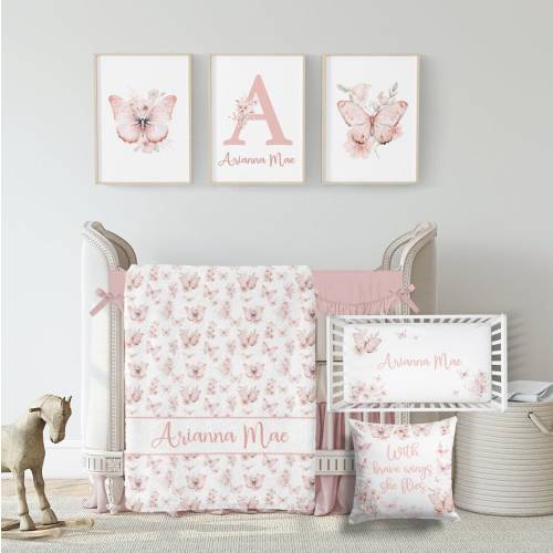 Butterfly Crib Bedding Set, Baby Girl Crib Bedding Set, Blush Pink Butterfly Nursery, Crib Bedding, Personalized Wildflower Baby Blanket 583
