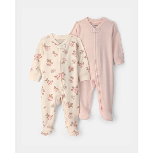 Baby Girl 2-Pack Floral Striped 100% Cotton 2-Way Zip Sleep & Play Pajamas - Pink/Ivory | Carter's