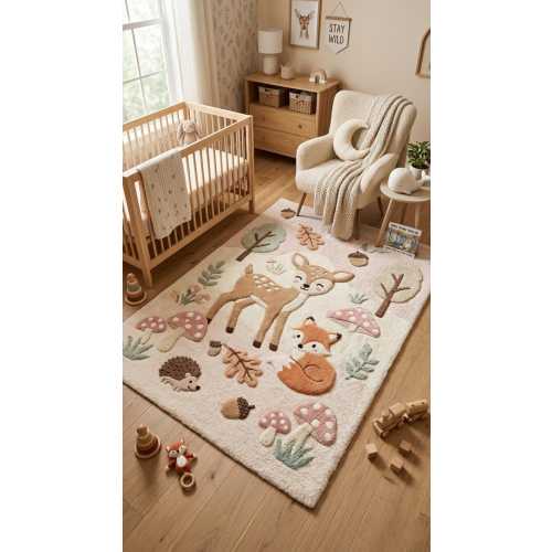 Hand-Tufted New Zealand Wool Woodland Animals Rug | High-Low Texture Play Mat