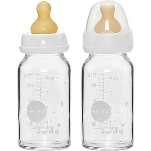 HEVEA Standard Neck Glass Baby Bottles - Natural Rubber Slow Flow Nipples - Anti Colic Baby Bottles for Breastfeeding Babies - Newborn 0+ Months - BPA-Free, Two-Pack (4 Oz)