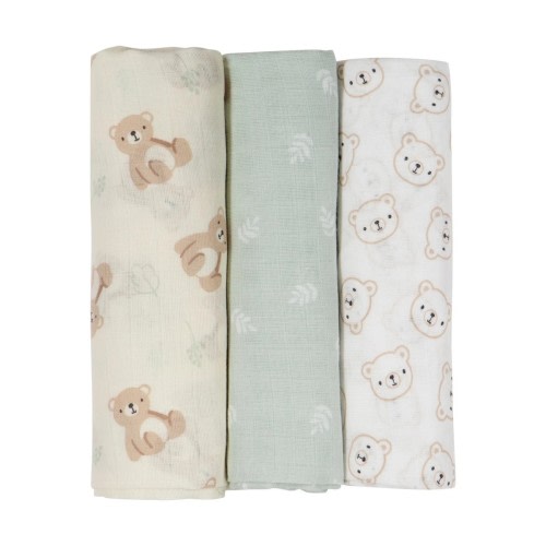 3 Pack Organic Cotton Muslin Wraps - Bears - Kmart