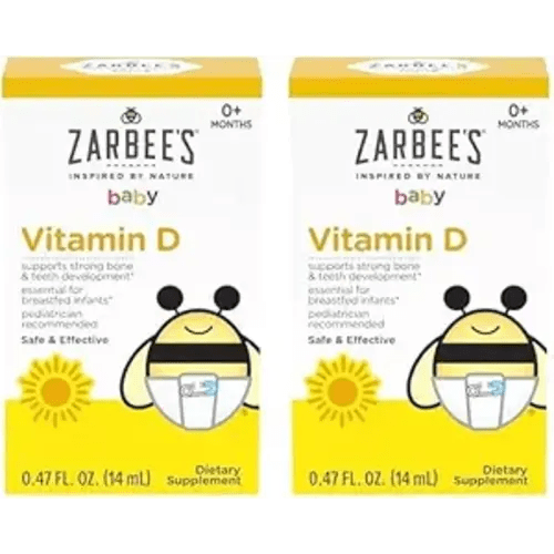 Zarbee's Vitamin D Drops for Infants, 400IU (10mcg) Baby & Toddler Liquid Supplement, Newborn & Up, Dropper Syringe Included, 0.47 Fl Oz (Pack of 2)