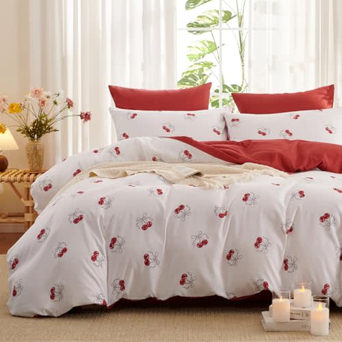 Cherry Twin Comforter Set for Girls | Soft Lightweight Microfiber, All Season Bedding, Includes 1 Comforter(68‘’ x 90‘’) & 1 Pillowcase(20‘’x30‘’)