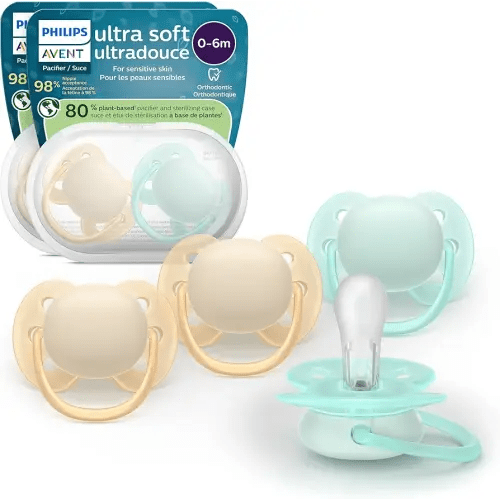 Philips Avent Ultra Soft Pacifiers - Orthodontic Design, for Babies 0-6 Months, Flexible Shield, Silicone Symmetrical Nipple, BPA-Free, 2 Sterilizing Cases, 4 Pack, SCF091/48