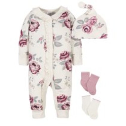 Modern Moments by Gerber Baby Girl Coverall, Cap and Socks Set, 4pc