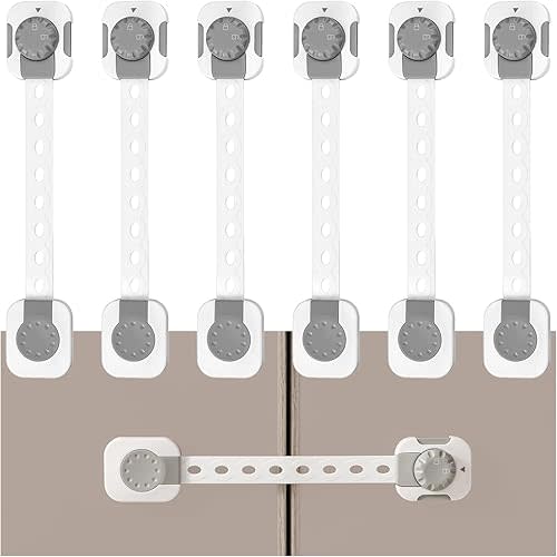 Fursafe&Q Child Safety Cabinet Proofing, Baby Cabinet Locks Adhesive Adjustable Child Safety Strap Locks Drawer Fridge Ovens Toilet Latches No Screws for Furniture Kitchen 6 Pack