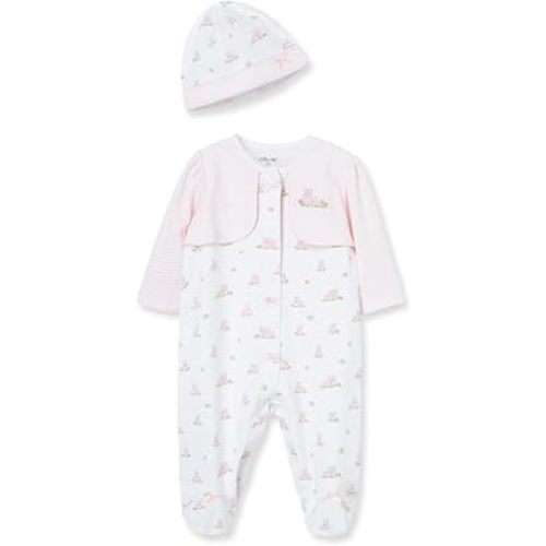 Little Me Clothes for Baby Girls 100% Cotton Scratch-Free Tag Footed One-Piece Romper and Hat Sleeper Set