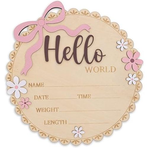 Hello World Wooden Baby Birth Announcement Sign, Pink Floral Newborn Name Date Time Weight Length Board, Baby Girl Nursery Decor Photo Prop Keepsake (Light Pink + Mouve)