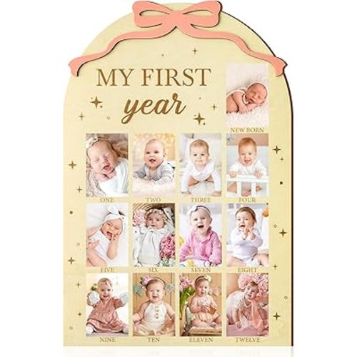 R HORSE My First Year Photo Frame Board, 3D Pink Bow Display Wood Board, Baby’s First Year 12 Months Milestone Sign 1st Birthday Frame Nursery Decor Keepsake Gift for Boy Girl