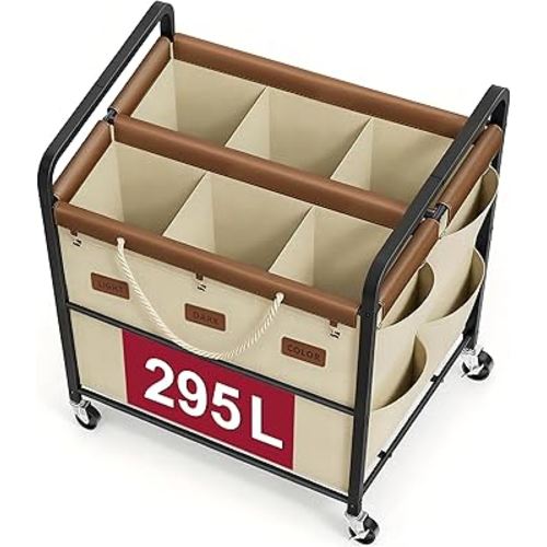 Tajsoon 295L Extra Large Laundry Sorter 6 Section, Heavy Duty Laundry Cart with Lockable Wheels, Laundry Hamper with Sturdy Metal Frame, Removable Bags & Leather Patchwork, Beige