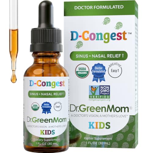 Dr. Green Mom D-Congest Kids - Organic Kids Sinus Support Drops | Drug-Free Herbal Supplement for Children's Stuffy Nose, Nasal & Respiratory Health | USDA Organic, Non-GMO