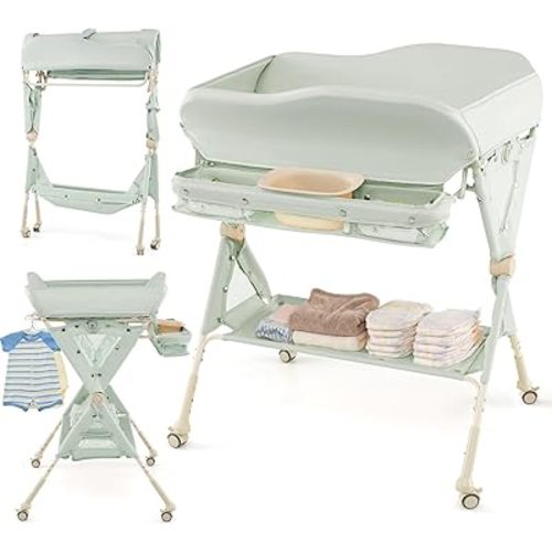 INFANS Baby Changing Table with Wheels, Portable Folding Diaper Station Nursery Organizer with Storage Basket, Hanging Rack, Adjustable Height, Safety Belt for Newborn Infant (Green)
