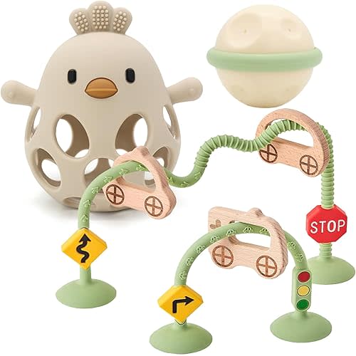 Baby Teething Toy, Silicone Hollow Chicken Teething Toys, Soft Chew Toys for Sucking Needs, Baby High Chair Suction Cup Toys for Babies, Beige