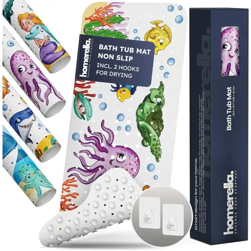 Bath Tub Mat Non Slip Anti Mold for Kids BPA Free INCL Hooks - homerella® Ocean Sea Animals 40x16, Baby Bath Mat Non Slip 200 Suction Cups, Non Toxic Machine Washable Toddler Bath Mat, EU Certified