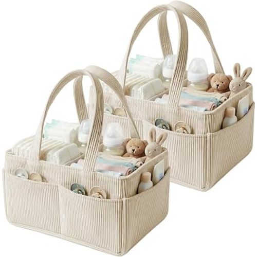 2 Pcs Nappy Caddy,Baby Diaper Caddy Organizer, Portable Corduroy Diaper Storage Basket with Handle, Baby Organizers and Storage for Changing Table, Beige Babies Shower Gifts Basket