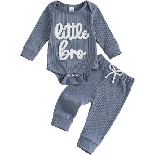 Newborn Infant Baby Boy Clothes Little Bro Embroidery Waffle Cotton Long Sleeve Romper Pants Fall Winter Outfits